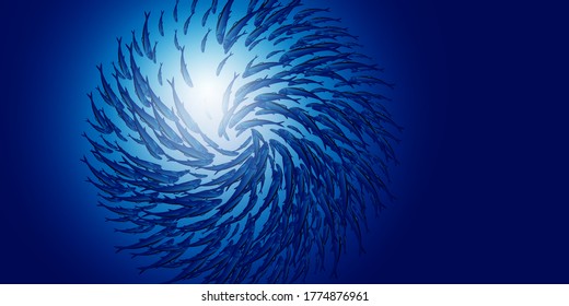 Abstract jamb fishes underwater sea ecosystem. Large group of fish on blue background and sun. Banner alive fish in freedom . Vector illustration. - Shutterstock ID 1774876961