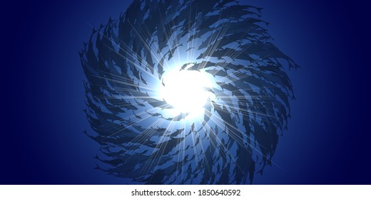 Abstract jamb fishes underwater sea ecosystem. Group  fish on blue underwater background and sun. Banner alive fish in freedom. Vector illustration.