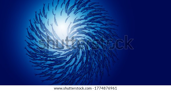Abstract jamb fishes underwater sea\
ecosystem. Large group of fish on blue background and sun. Banner\
alive fish in freedom . Vector\
illustration.