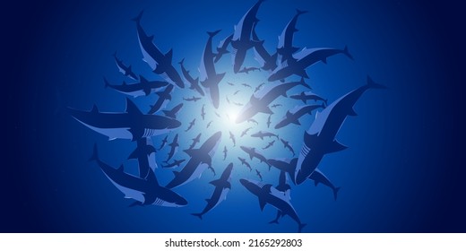 Abstract jamb shark underwater sea ecosystem. Large group of fish on blue background and sun. Banner alive fish in freedom. Vector illustration.