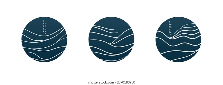 Abstract Japanese art background account story highlight cover icon sunset sea with line wave pattern vector.Circle logo social media stories.Design template geometric print textile in oriental style