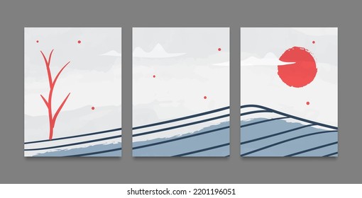 Abstract japanese art red flag mountain wave contemporary modern landscape poster template collection