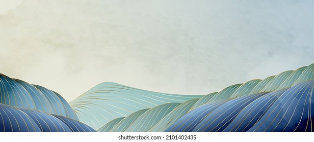 Abstract Japanese background with waves and golden lines. Oriental art banner with geometric shapes mountains and ocean waves for design, print, interior decoration