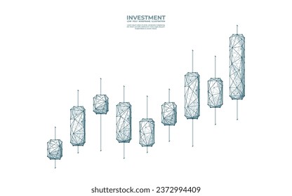 Abstract Japanese candlesticks isolated on a white background. Stock market growing graph chart in low poly wireframe style. Digital connected dots, lines, and geometric shapes. Investment concept. 