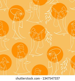 Abstract Japanese inspired dancing geisha seamless illustrated pattern. Elegant cultural art for fabrics, gift wrap, stationery, and interior design.