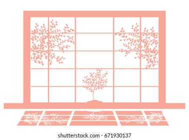Abstract japanese interior. Vector minimalistic illustration of shoji and plants silhoettes