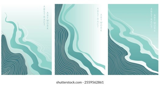 abstract japanese landscape on background with gradient, blue colours, 3 artworks collection	