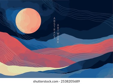abstract japanese landscape on light background with gradient, semi watercolor	