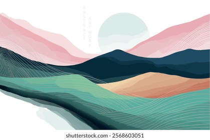 abstract japanese landscape on light background with gradient, semi watercolor, minimalistic