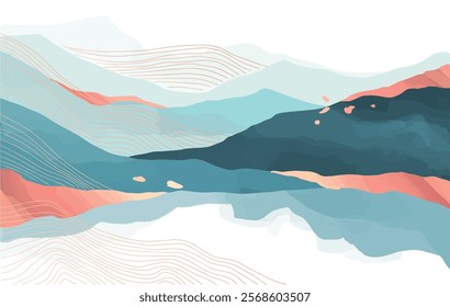 abstract japanese landscape on light background with gradient, semi watercolor, minimalistic