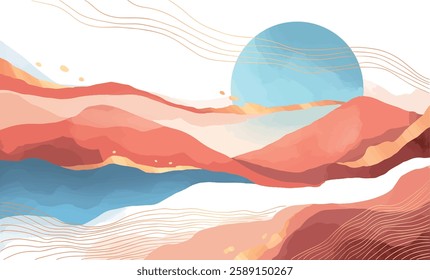 abstract japanese landscape on light background with gradient, semi watercolor,