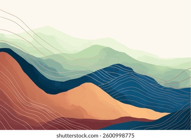 abstract japanese landscape on light background with gradient, semi watercolor, warm colors, boho