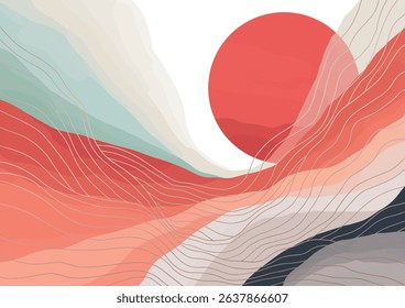abstract japanese landscape on light background with gradient, semi watercolor, warm colors, boho	