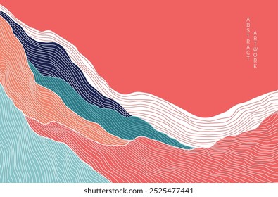 paisagem japonesa abstrata em fundo laranja com linhas coloridas 