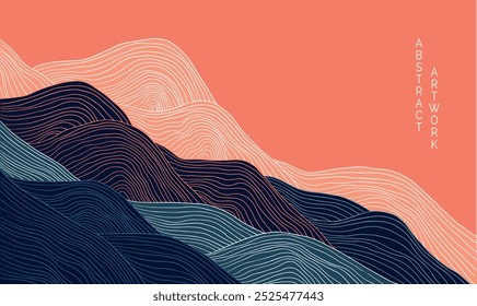 abstract japanese landscape on orange background with colored lines 
