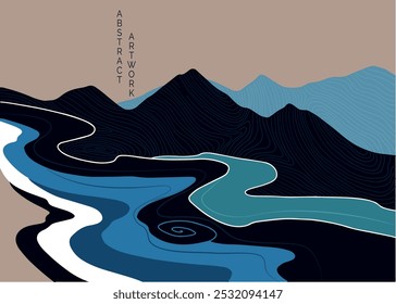 abstract japanese landscape on pastel background with contrast colors	