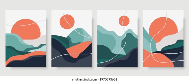 Abstract japanese landscape wall art print set. Abstract landscape poster collection for decor. Minimal mid century wall art vector for asian culture. Colorful japanese posters for contemporary decor