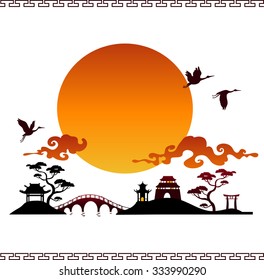 Abstract Japanese Landscapes with silhouette vector: flying cranes, sunset and traditional Asian buildings.