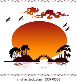 Abstract Japanese Landscapes with silhouette vector