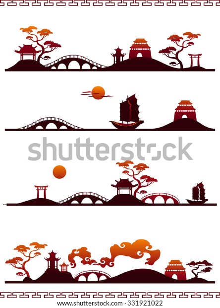 Abstract Japanese Landscapes Silhouette Vector Stock Vector (royalty 