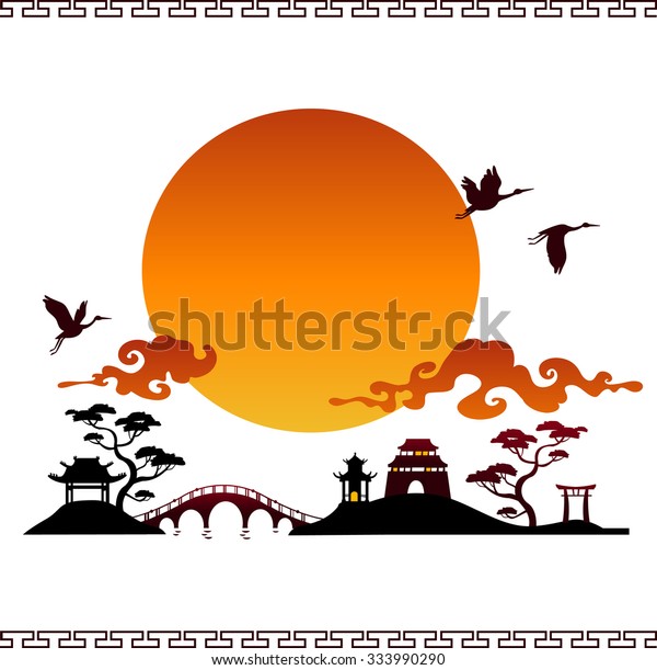 Abstract Japanese Landscapes Silhouette Vector Flying Stock Vector ...