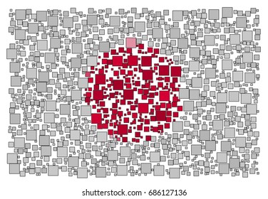 Abstract Japanese national flag - the flag of Japan made of small red and white stroked squares