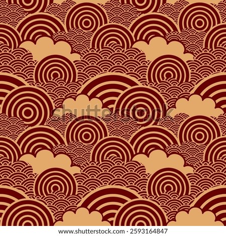 Abstract Japanese Seamless Pattern, traditional motif, wave design, geometric, cloud, zen, brown, currant, two colors, minimalistic, vintage, asian, fusion style, for textile, print, background, paper