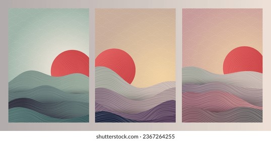 Abstract japanese style poster design set in vector illustration.