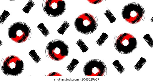 Abstract Japanese style seamless pattern with black and red circle brush strokes and various lines isolated on white background. Ink grunge texture. Vector wallpaper.	
