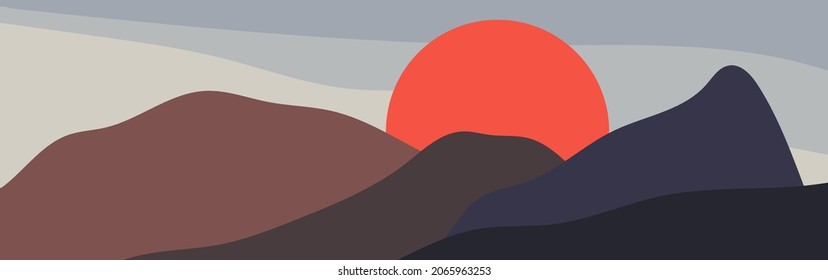 Resumen del paisaje japonés de la puesta de sol. Banner estético de boho ondulado plano con formas curvadas. Diseño minimalista de moda en collage plano.