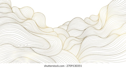 Abstract Japanese wave pattern background, elegant gold lines, geometric shapes, vintage oriental texture. Vector illustration flow water, ocean curves, luxury Asian design