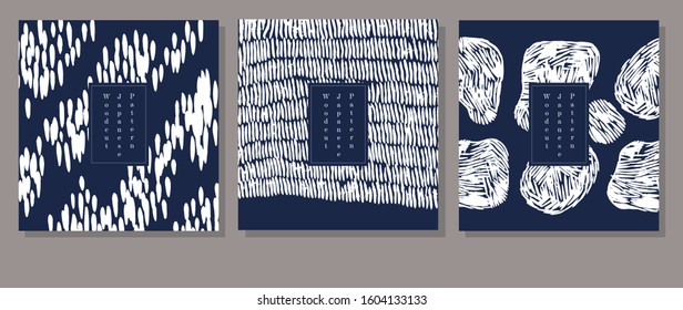 Abstract Japanese woodcut style vector. Indigo hand draw pattern. Artistic motif background. Natural classic blue template.