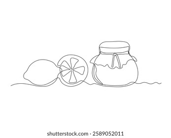 abstract jar of citrus lemon jam, continuous single one line art hand drawing sketch logo
