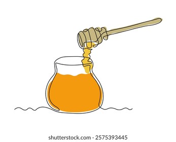 abstract jar of honey and spoon for honey, continuous single one line art hand drawing sketch logo