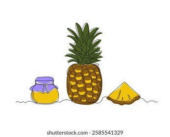 abstract jar of pineapple, ananas jam, continuous single one line art hand drawing sketch logo