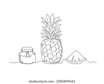 abstract jar of pineapple, ananas jam, continuous single one line art hand drawing sketch logo