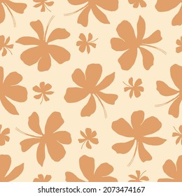 Abstract jasmine floral vector seamless pattern background. Silhouettes of flower heads, blossom, petals. Monochrome orange backdrop. Botanical repeat for medicinal healing plant. All over print