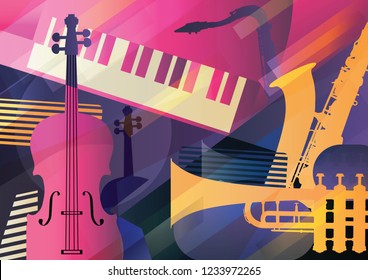 Abstract Jazz Art, Music instruments, trumpet, contrabass, saxophone and piano.