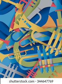 Arte de jazz abstracto, instrumentos musicales, trompeta (arte vectorial)