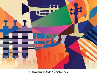 Abstract Jazz Art, Music instruments, Trumpet contrabass saxophone