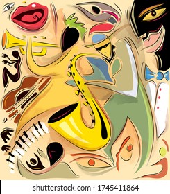 Abstract Jazz Artwork, Sax Player in the City (Vector Art)