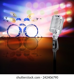 abstract jazz background with drum kit and retro microphone on music stage