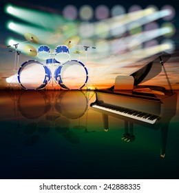 abstract jazz background with grand piano and drum kit on music stage