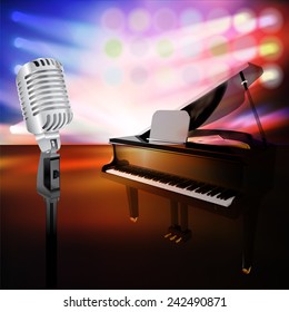 abstract jazz background with piano and retro microphone on music stage