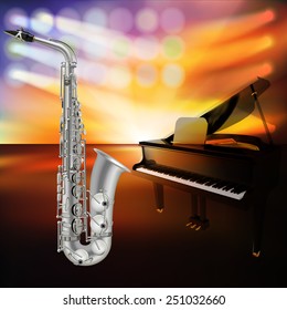 abstract jazz background with saxophone and grand piano on music stage