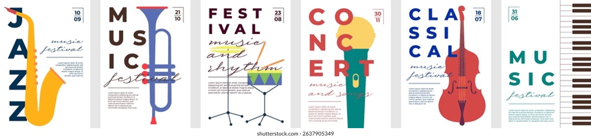 Abstract jazz and classical music concert posters with instruments like violin, trumpet, and piano. Flat vector set. Perfect for festivals, party flyers, conservatory events or club performances.