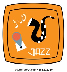 Abstract JAZZ music banner with saxophone notation pin and square tube television vintage style frame.