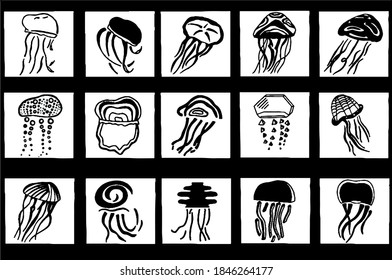 Abstract jellyfish drawn in different ways.