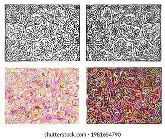 Abstract jellyfish or flowers of an unusual shape fill the background. Coloring. Antistress. A set of black and white and colored textures and backgrounds. Illustration. Vector, eps10.