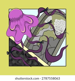 Abstract Jellyfish Illustration Description for Microstock

A surreal abstract vector illustration featuring a floating purple jellyfish-like organic form with long flowing ribbons intertwined around metallic nails. The artwork combines geometric textures, muted earthy tones, and bold outlines in a modern contemporary style. The composition includes layered patterns, abstract landscapes, and smooth shading, creating a dreamy and imaginative visual suitable for posters, editorial design, album covers, wall art, and creative branding projects. Minimalist yet expressive digital artwork with a unique fantasy aesthetic.